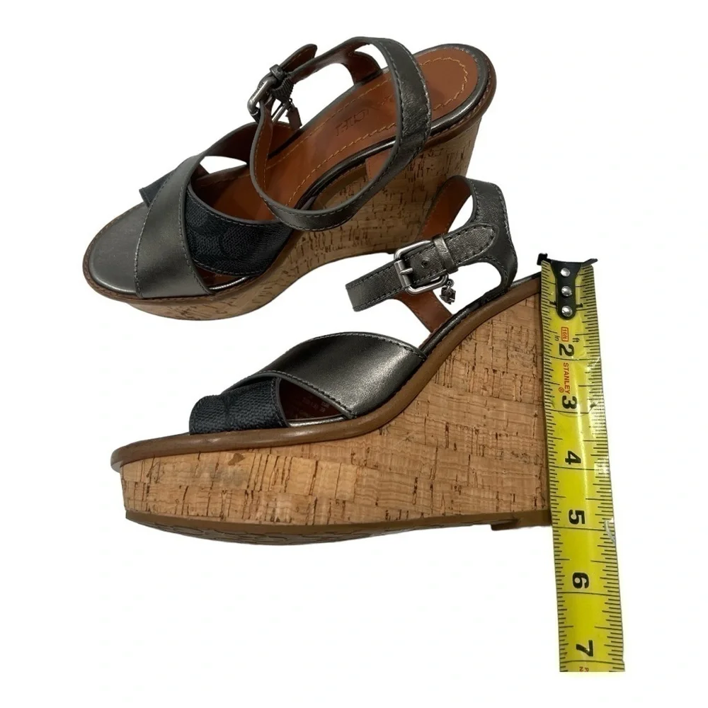 Coach Cross Band High Wedge Sandal size 8.5 B silver/tan